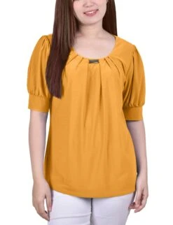 Short Sleeve Balloon Sleeve Knit Top with Gold Hardware Detail