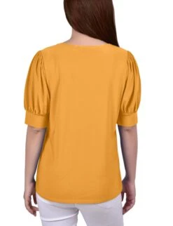 Short Sleeve Balloon Sleeve Knit Top with Gold Hardware Detail -Dressbarn Store golden glow short sleeve balloon sleeve top with hardware 823984