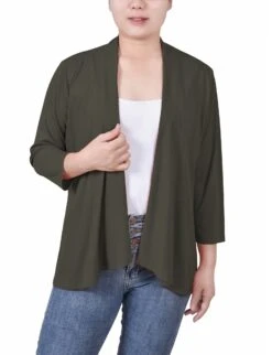 Elegant 3/4 Sleeve Solid Cardigan - Versatile Grape Leaf Layer