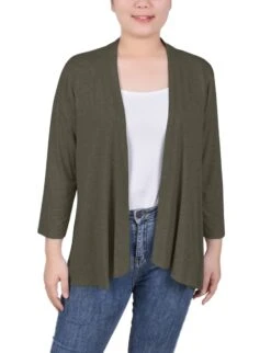 Lightweight 3/4 Sleeve Open Front Cardigan - Grape Leaf