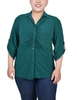 Plus Size Grassy Green Rouched Front Blouse - 3/4 Roll Tab Sleeves
