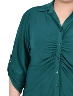 Plus Size Grassy Green Rouched Front Blouse - 3/4 Roll Tab Sleeves -Dressbarn Store grassy green 34 roll tab rouched front top plus 528620