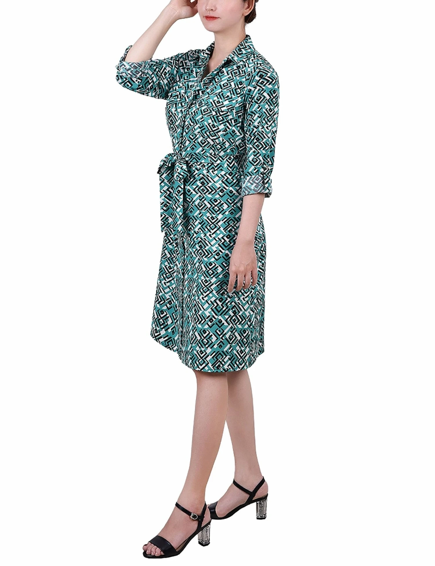 Green Diatribe Petite 3/4 Roll Tab Sleeve Belted Shirtdress 2 Green Diatribe Petite 3/4 Roll Tab Sleeve Belted Shirtdress - Image 2