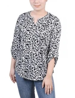 Petite Animal Print 3/4 Roll Tab Sleeve Y-Neck Blouse