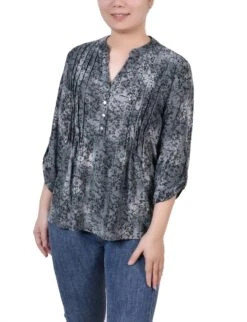 Petite Grey Floral Y-Neck Top with Adjustable Roll Tab Sleeves
