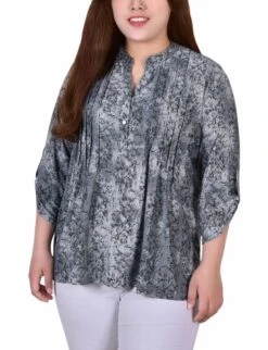 Plus Size Grey Floral Y Neck Top with 3/4 Roll Tab Sleeves
