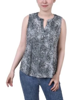 Petite Grey Floral Sleeveless Y-Neck Jacquard Top