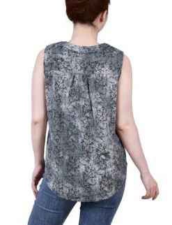 Petite Grey Floral Sleeveless Y-Neck Jacquard Top -Dressbarn Store grey floral sleeveless jacquard y neck top petite 496408
