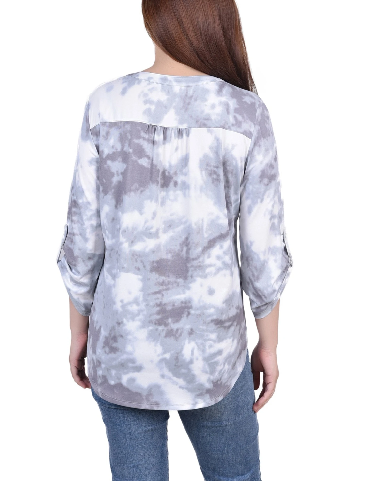 Women's Grey Tie Dye Y-Neck Top - 3/4 Bell Sleeve Pleated Blouse 4 Women's Grey Tie Dye Y-Neck Top - 3/4 Bell Sleeve Pleated Blouse - Image 4