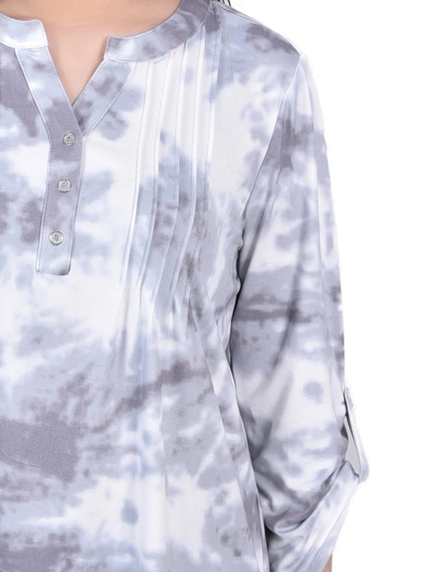 Women's Grey Tie Dye Y-Neck Top - 3/4 Bell Sleeve Pleated Blouse 3 Women's Grey Tie Dye Y-Neck Top - 3/4 Bell Sleeve Pleated Blouse - Image 3