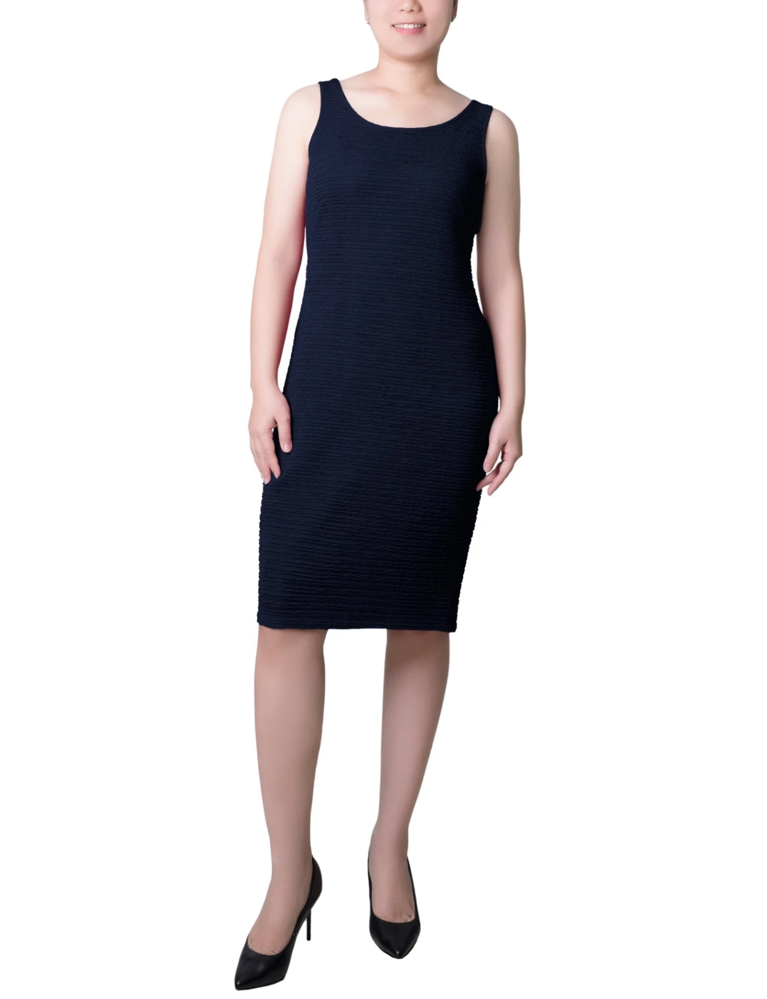 Petite Navy Textured 2-Piece Dress Set with 3/4 Sleeves 4 Petite Navy Textured 2-Piece Dress Set with 3/4 Sleeves - Image 4