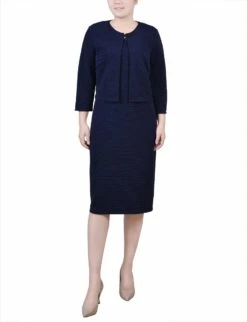 Petite Navy Textured 2-Piece Dress Set with 3/4 Sleeves