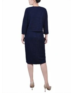 Petite Navy Textured 2-Piece Dress Set with 3/4 Sleeves 6 Petite Navy Textured 2-Piece Dress Set with 3/4 Sleeves -Dressbarn Store harbor navy textured 34 sleeve 2 piece dress set petite 927618