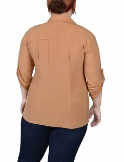Women's Plus Size Iced Coffee Rouched Front Roll Tab Blouse -Dressbarn Store iced coffee 34 roll tab rouched front top plus 155797