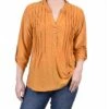 Petite Inca Gold 3/4 Roll Tab Pullover Top - Knit Jacquard