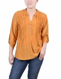 Petite Inca Gold 3/4 Roll Tab Pullover Top - Knit Jacquard