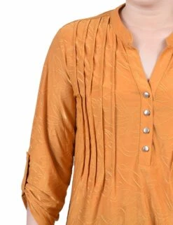 Petite Inca Gold 3/4 Roll Tab Pullover Top - Knit Jacquard -Dressbarn Store inca gold 34 roll tab pullover top petite 906842