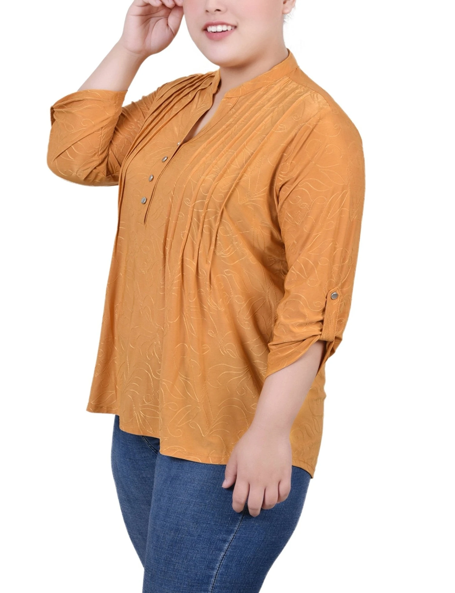 Women's Plus Size Inca Gold 3/4 Roll Tab Pullover - Zip Front Top 2 Women's Plus Size Inca Gold 3/4 Roll Tab Pullover - Zip Front Top - Image 2