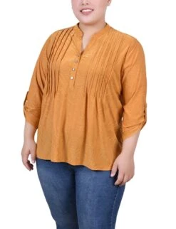 Women's Plus Size Inca Gold 3/4 Roll Tab Pullover - Zip Front Top