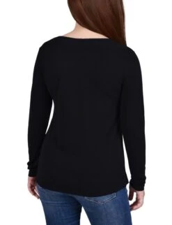 Ivory Long Sleeve Studded Split Neck Top - Elegant Knit Crepe Blouse -Dressbarn Store ivory long sleeve studded colorblocked split neck top 210599