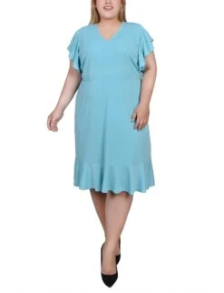 Plus Size Flutter Sleeve Knit Crepe Dress with Flounce Hem