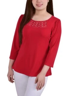 Petite 3/4 Sleeve Crepe Top with Mesh Inset and Studded Detail