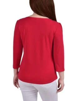 Petite 3/4 Sleeve Crepe Top with Mesh Inset and Studded Detail -Dressbarn Store jalapeno red 34 crepe top with mesh inset and studs petite 356951