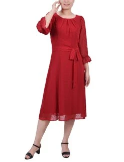 Elegant Jester Red 3/4 Sleeve Pearl Detail Swiss Dot Dress