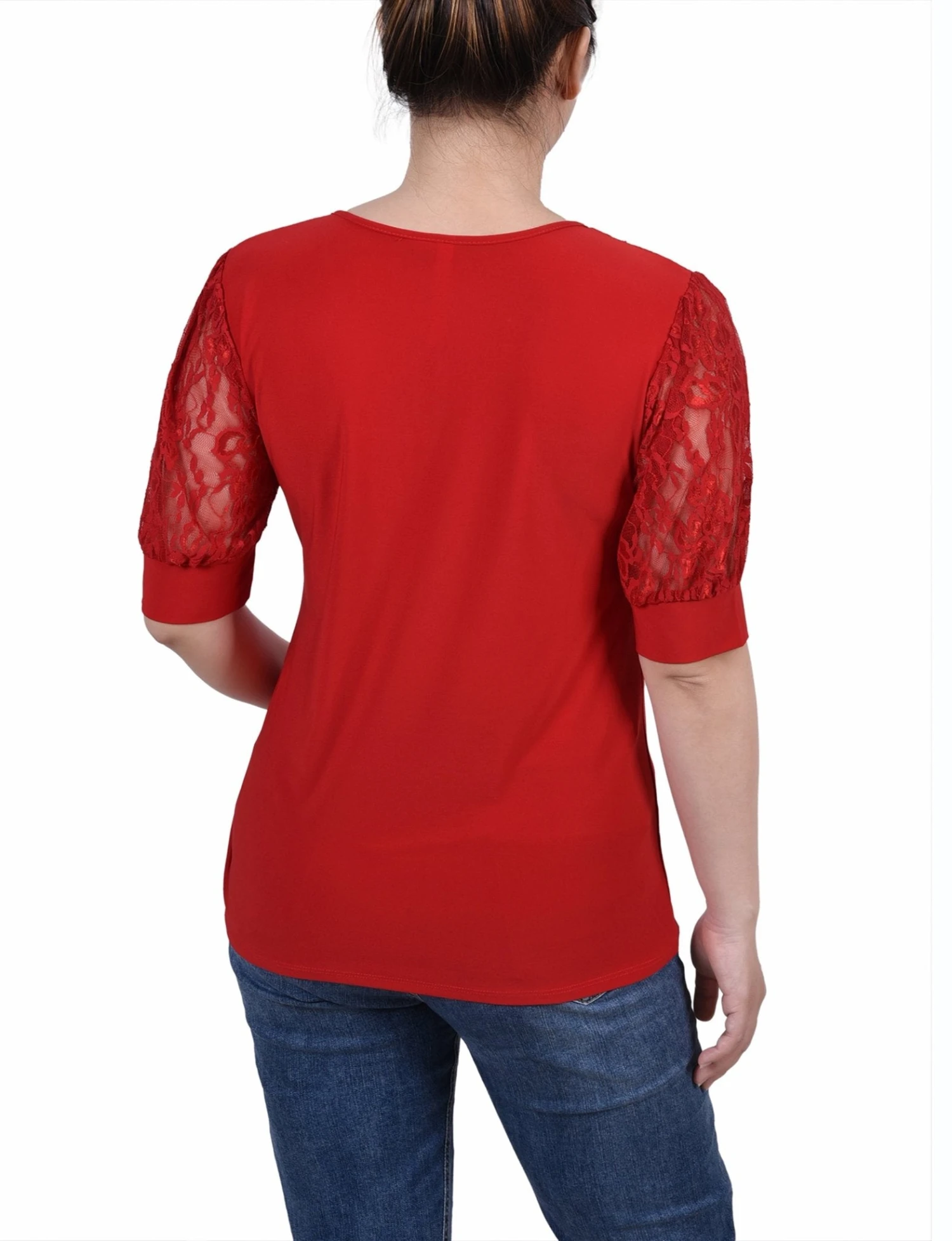Petite Lace Puff Sleeve Top in Jester Red - Elegant Short Sleeve Blouse 4 Petite Lace Puff Sleeve Top in Jester Red - Elegant Short Sleeve Blouse - Image 4