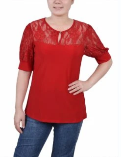 Petite Lace Puff Sleeve Top in Jester Red - Elegant Short Sleeve Blouse