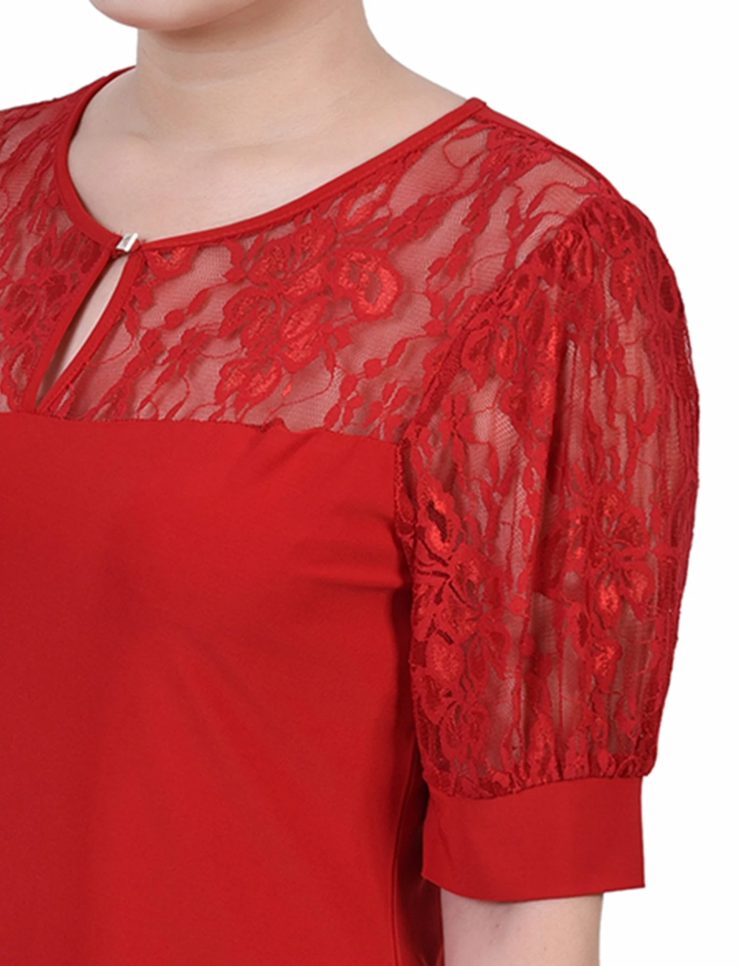 Petite Lace Puff Sleeve Top in Jester Red - Elegant Short Sleeve Blouse 3 Petite Lace Puff Sleeve Top in Jester Red - Elegant Short Sleeve Blouse - Image 3