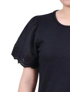 Elegant Black Flutter Eyelet Sleeve Pullover with Lace Trim -Dressbarn Store jet black short flutter eyelet sleeve pullover 199597