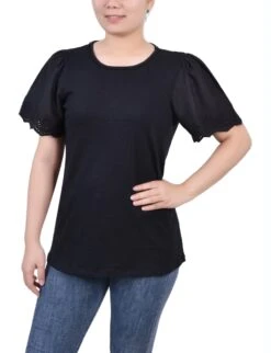 Elegant Black Flutter Eyelet Sleeve Pullover with Lace Trim