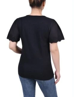 Elegant Black Flutter Eyelet Sleeve Pullover with Lace Trim -Dressbarn Store jet black short flutter eyelet sleeve pullover 248505