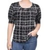 Petite Traceplaid Short Sleeve Balloon Sleeve Top with Hardware