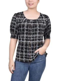 Petite Traceplaid Short Sleeve Balloon Sleeve Top with Hardware