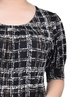 Petite Traceplaid Short Sleeve Balloon Sleeve Top with Hardware -Dressbarn Store jet traceplaid short sleeve balloon sleeve top petite 855086