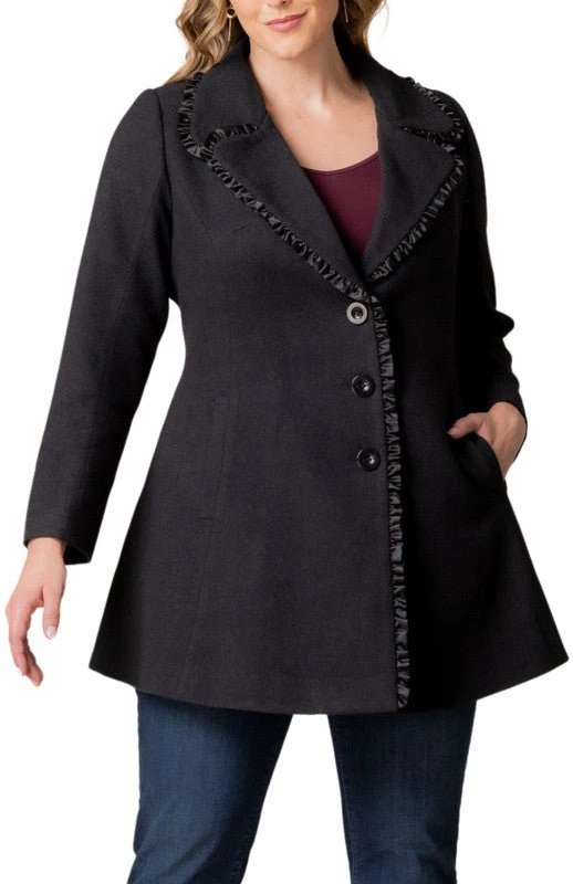 Plus Size Juliette Satin Trim Flare Coat with Princess Seams 1 Plus Size Juliette Satin Trim Flare Coat with Princess Seams