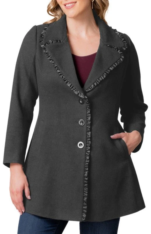 Plus Size Juliette Satin Trim Flare Coat with Princess Seams 4 Plus Size Juliette Satin Trim Flare Coat with Princess Seams - Image 4
