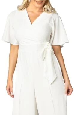White Crepe Wide-Leg Jumpsuit with Elegant Flutter Sleeves 6 White Crepe Wide-Leg Jumpsuit with Elegant Flutter Sleeves -Dressbarn Store karina crepe jumpsuit 204826