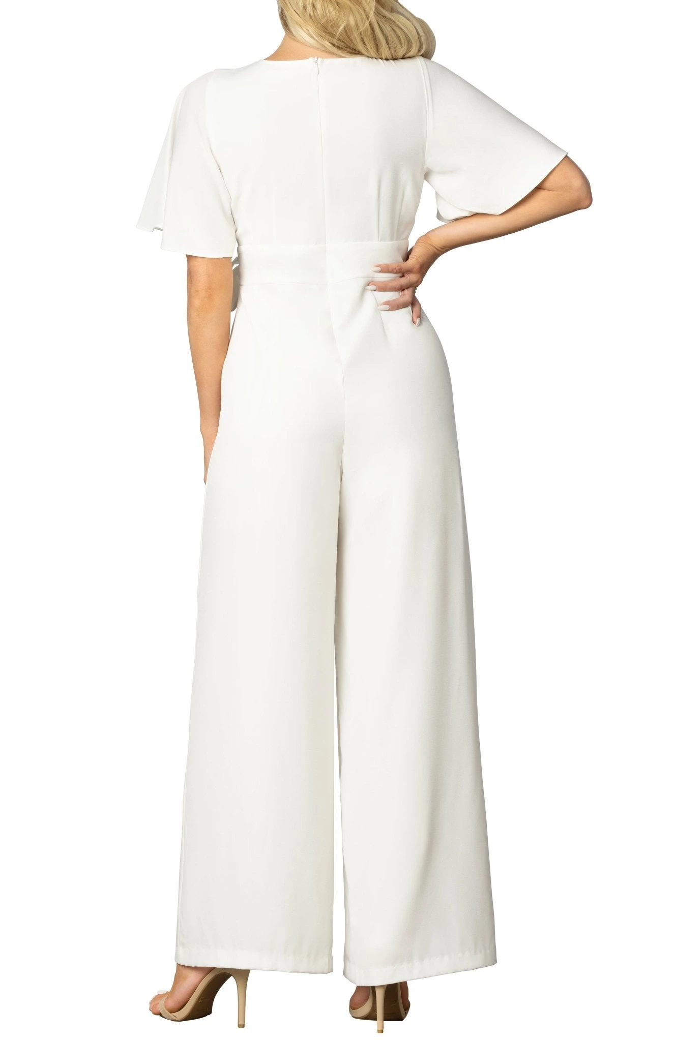 White Crepe Wide-Leg Jumpsuit with Elegant Flutter Sleeves 2 White Crepe Wide-Leg Jumpsuit with Elegant Flutter Sleeves - Image 2