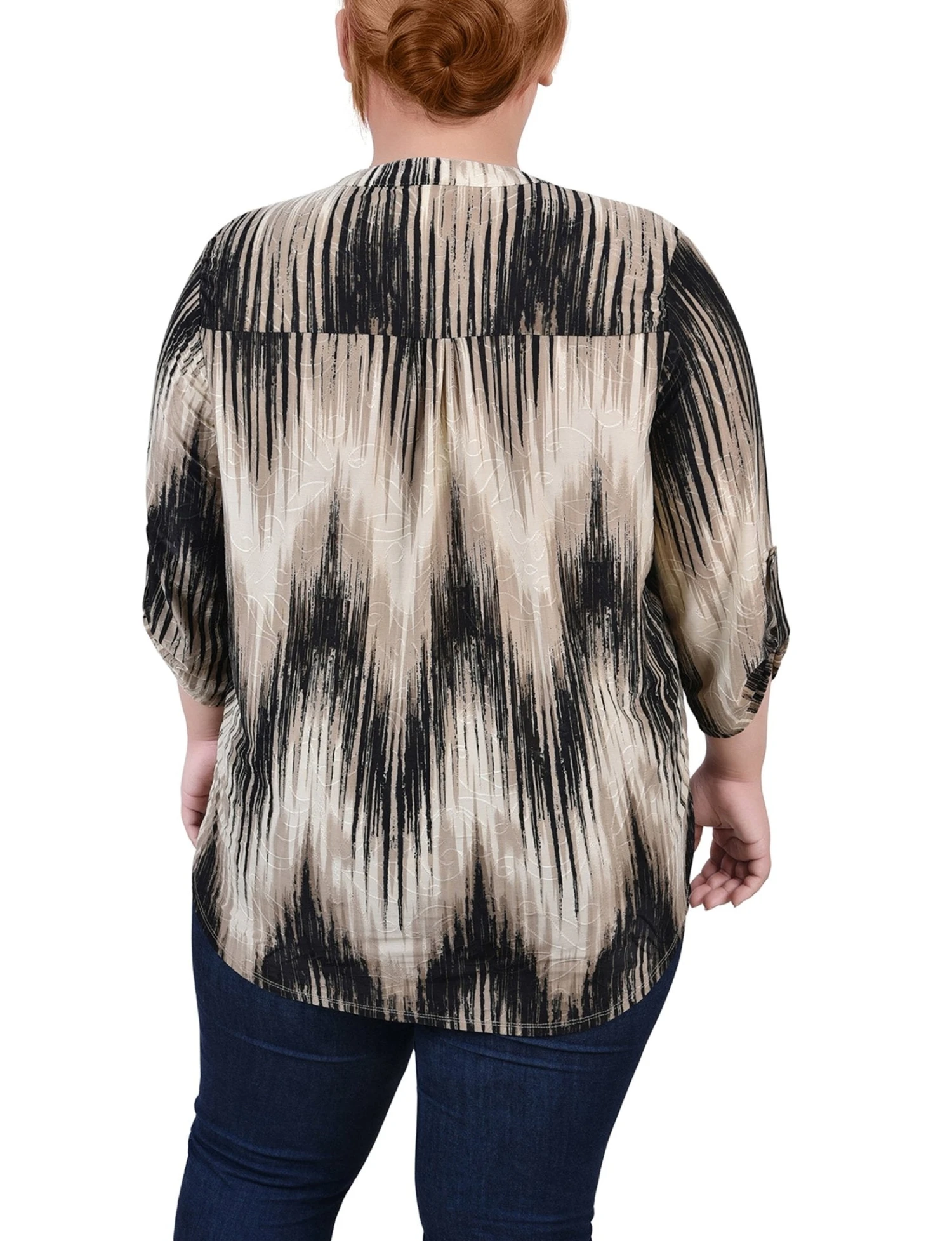 Plus Size Khaki Chevron 3/4 Sleeve Roll Tab Y-Neck Top 4 Plus Size Khaki Chevron 3/4 Sleeve Roll Tab Y-Neck Top - Image 4