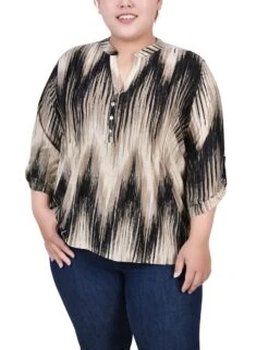Plus Size Khaki Chevron 3/4 Sleeve Roll Tab Y-Neck Top