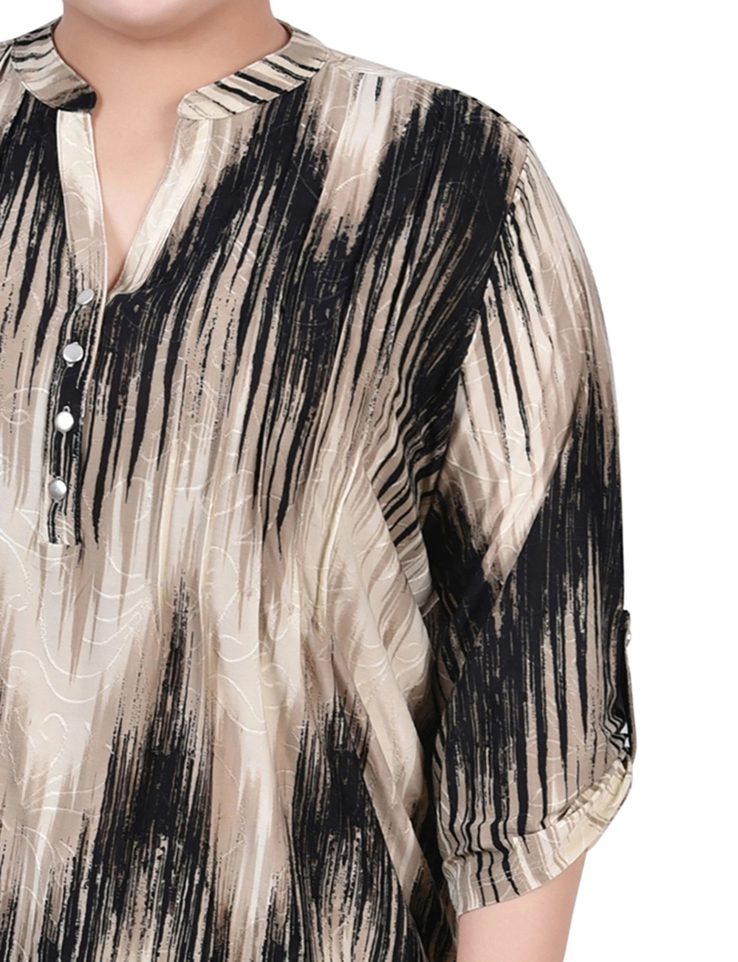 Plus Size Khaki Chevron 3/4 Sleeve Roll Tab Y-Neck Top 3 Plus Size Khaki Chevron 3/4 Sleeve Roll Tab Y-Neck Top - Image 3