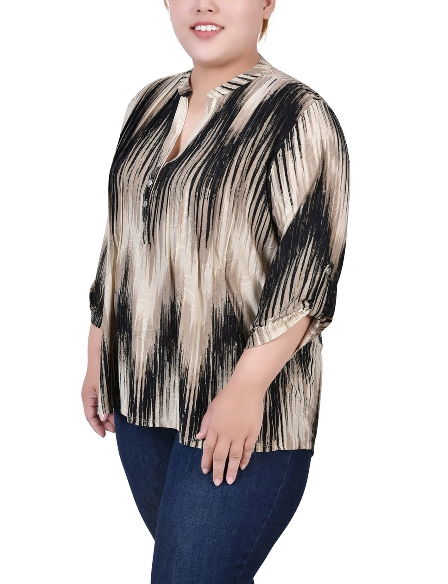 Plus Size Khaki Chevron 3/4 Sleeve Roll Tab Y-Neck Top 2 Plus Size Khaki Chevron 3/4 Sleeve Roll Tab Y-Neck Top - Image 2