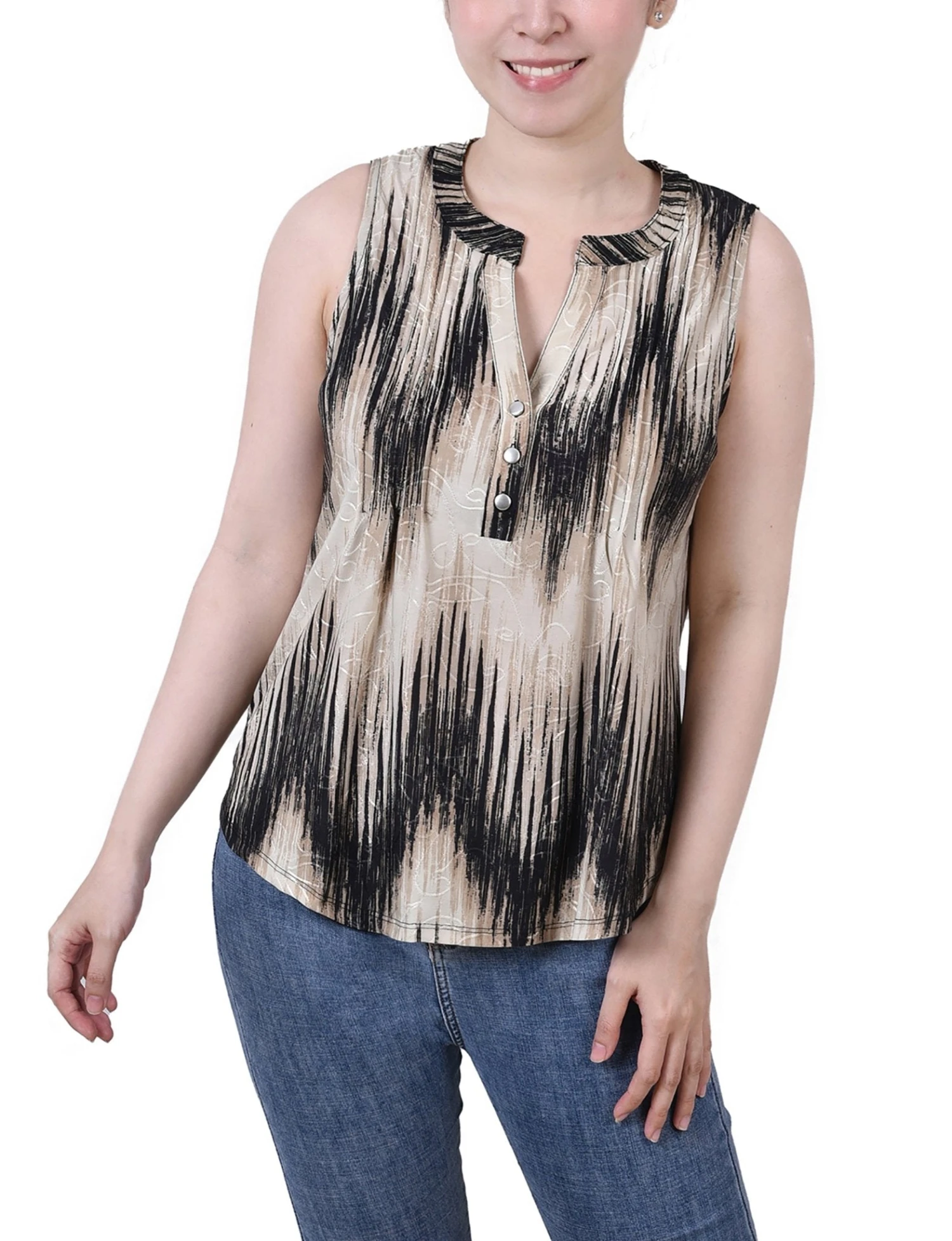 Petite Sleeveless Jacquard Y-Neck Top in Khaki 1 Petite Sleeveless Jacquard Y-Neck Top in Khaki