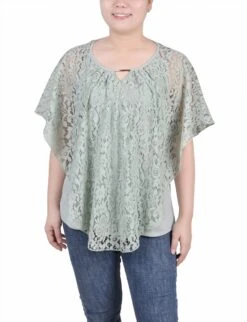 NY Collection Petite Floral Lace Poncho Top with Keyhole Bar