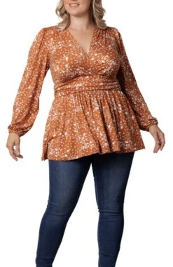 Plus Size Long Sleeve Peplum Tunic Top with Surplice Neckline
