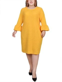 Plus Size Lemon 3/4 Sleeve Pearl Detail Knit Dress