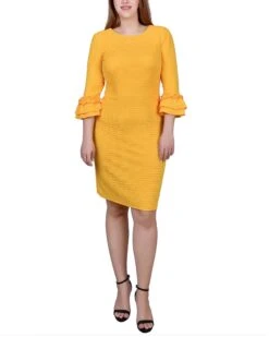 Lemon 3/4 Sleeve Textured Knit Ruffle Dress
